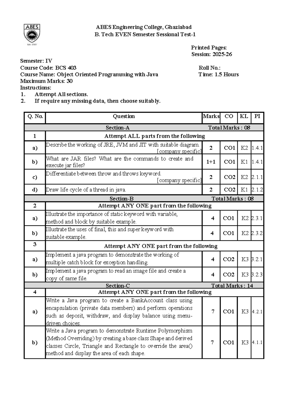 BCS 403 Object Oriented Programming with Java - Sessional Exam Paper ...