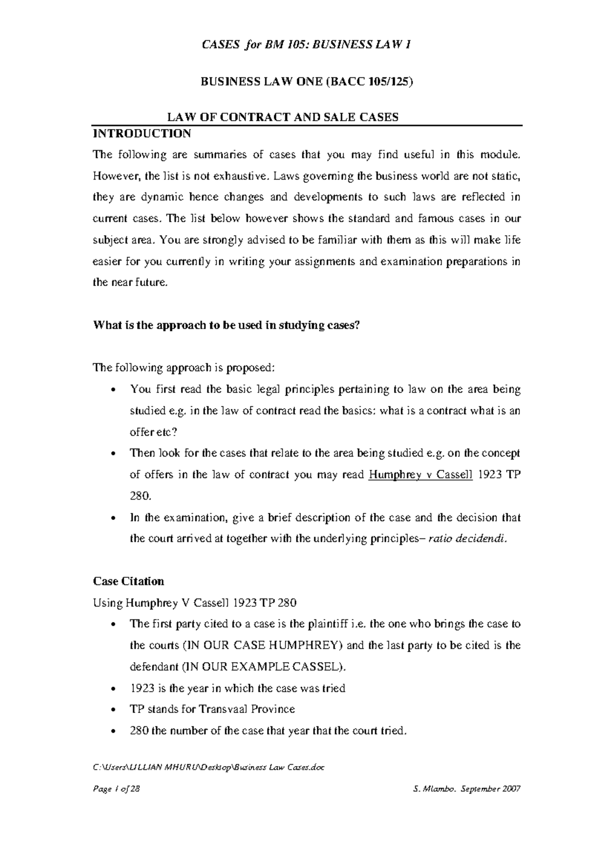 BM 105: Business Law 1 - Key Case Summaries and Legal Principles - Studocu