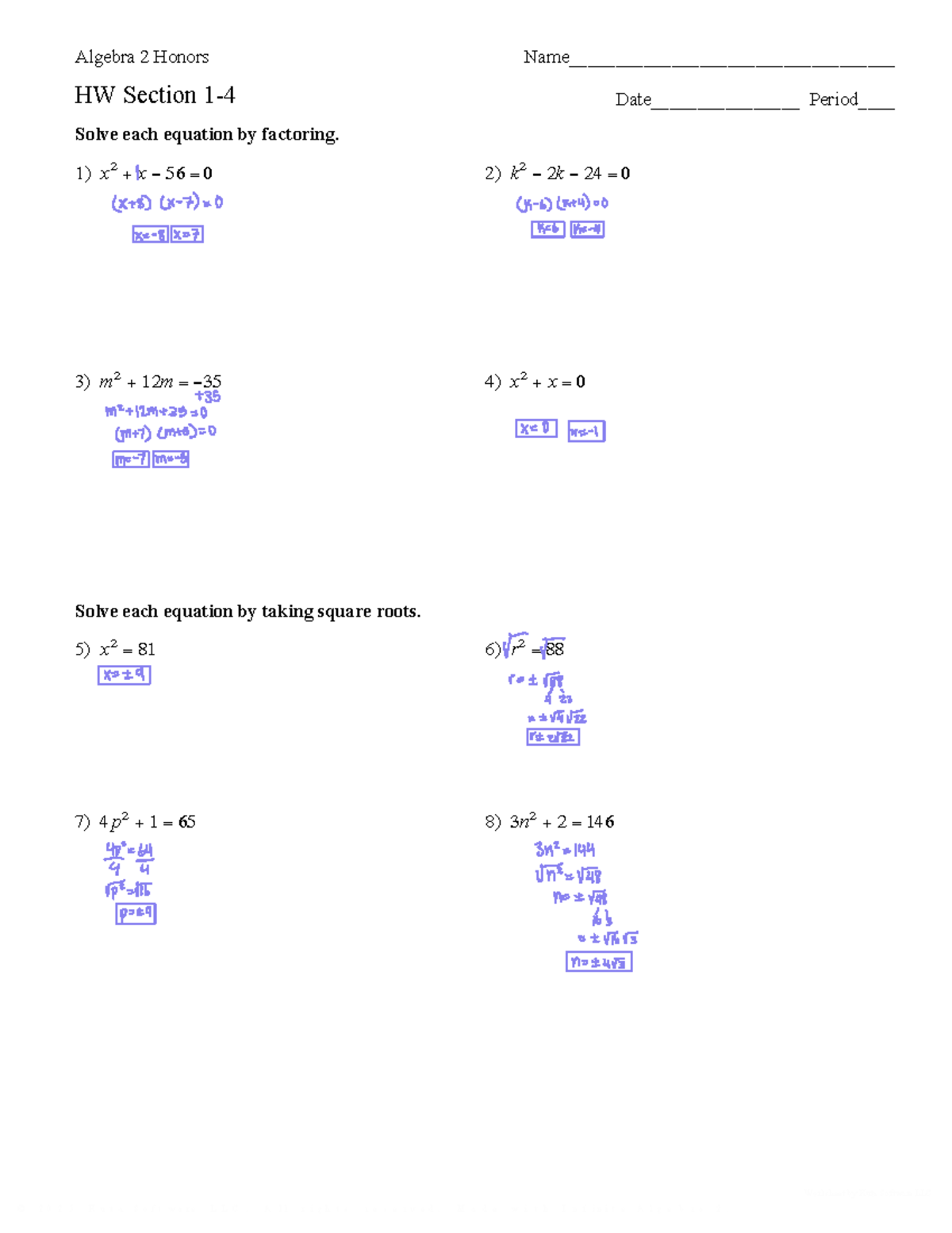 Algebra 2 Honors HW: Solving Equations by Factoring & Roots - Studocu