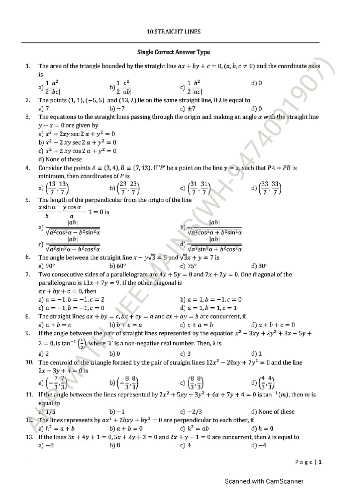 Straight Lines - JEE Main Practice Questions and Solutions - Studocu