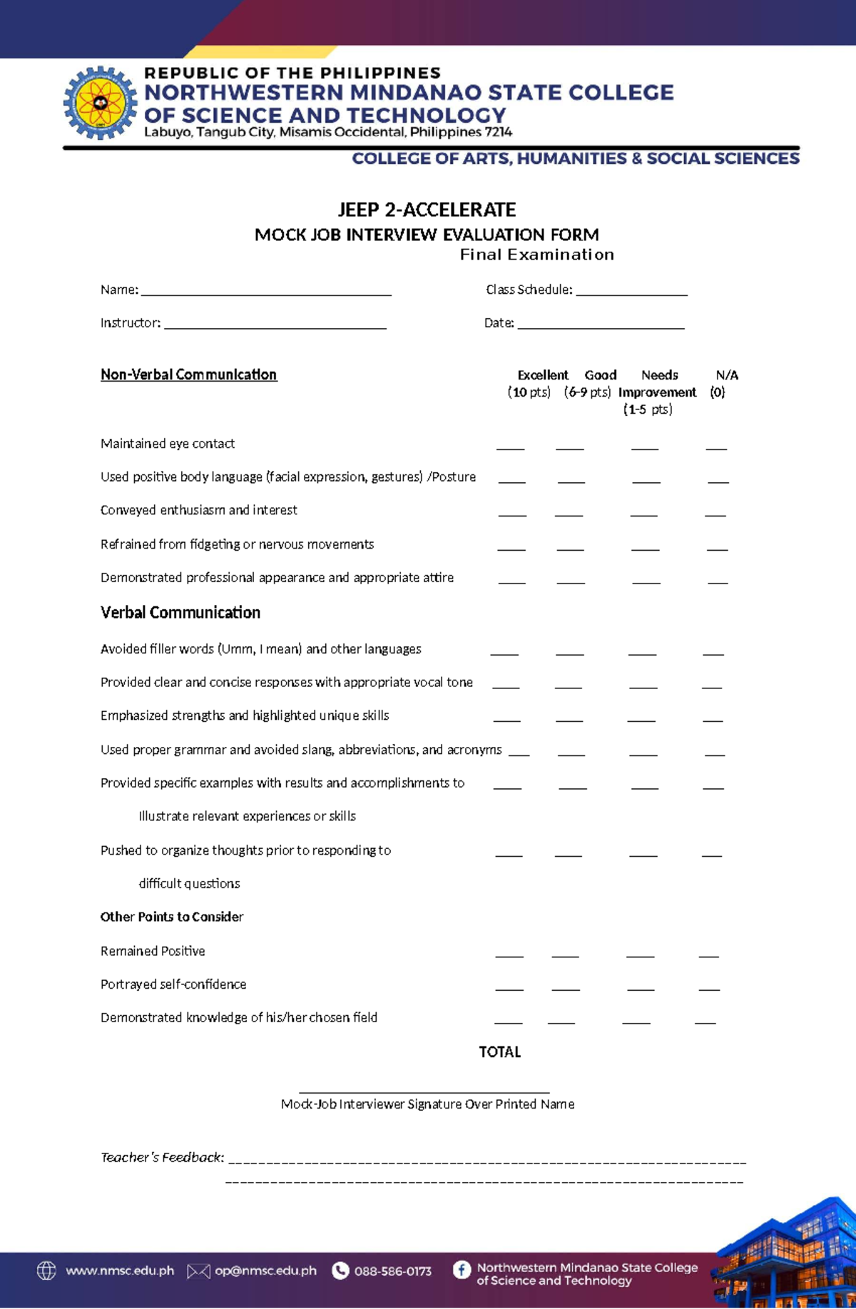 JEEP Mock Job Interview Evaluation Form - Final Exam Rubric - Studocu