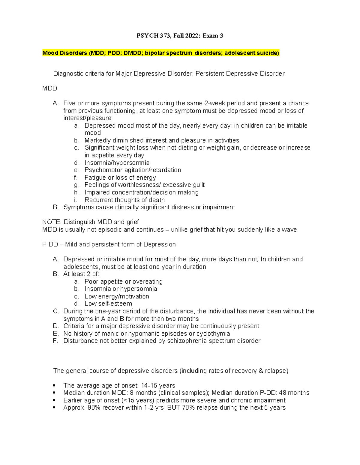 Psych 373 Fall 2022 Exam 3 Review: Mood Disorders & Trauma - Studocu