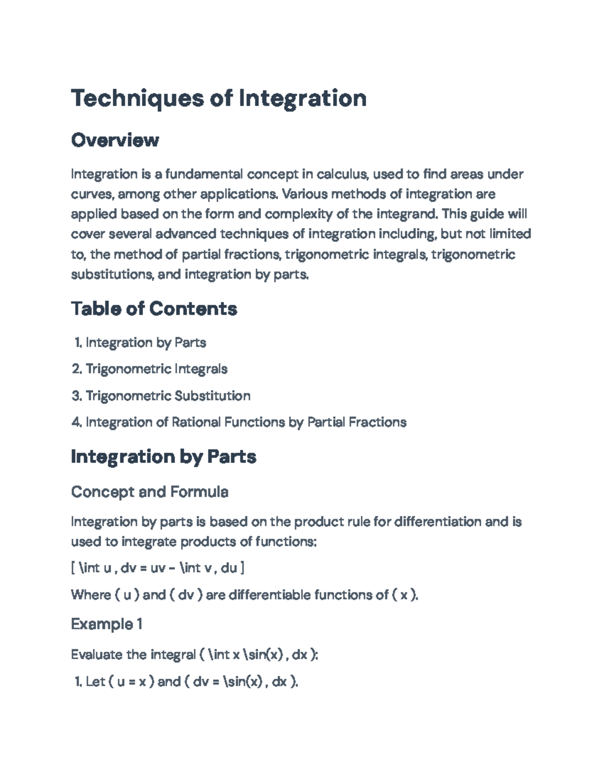 Advanced Techniques of Integration in Calculus (MATH 101) - Techniques ...
