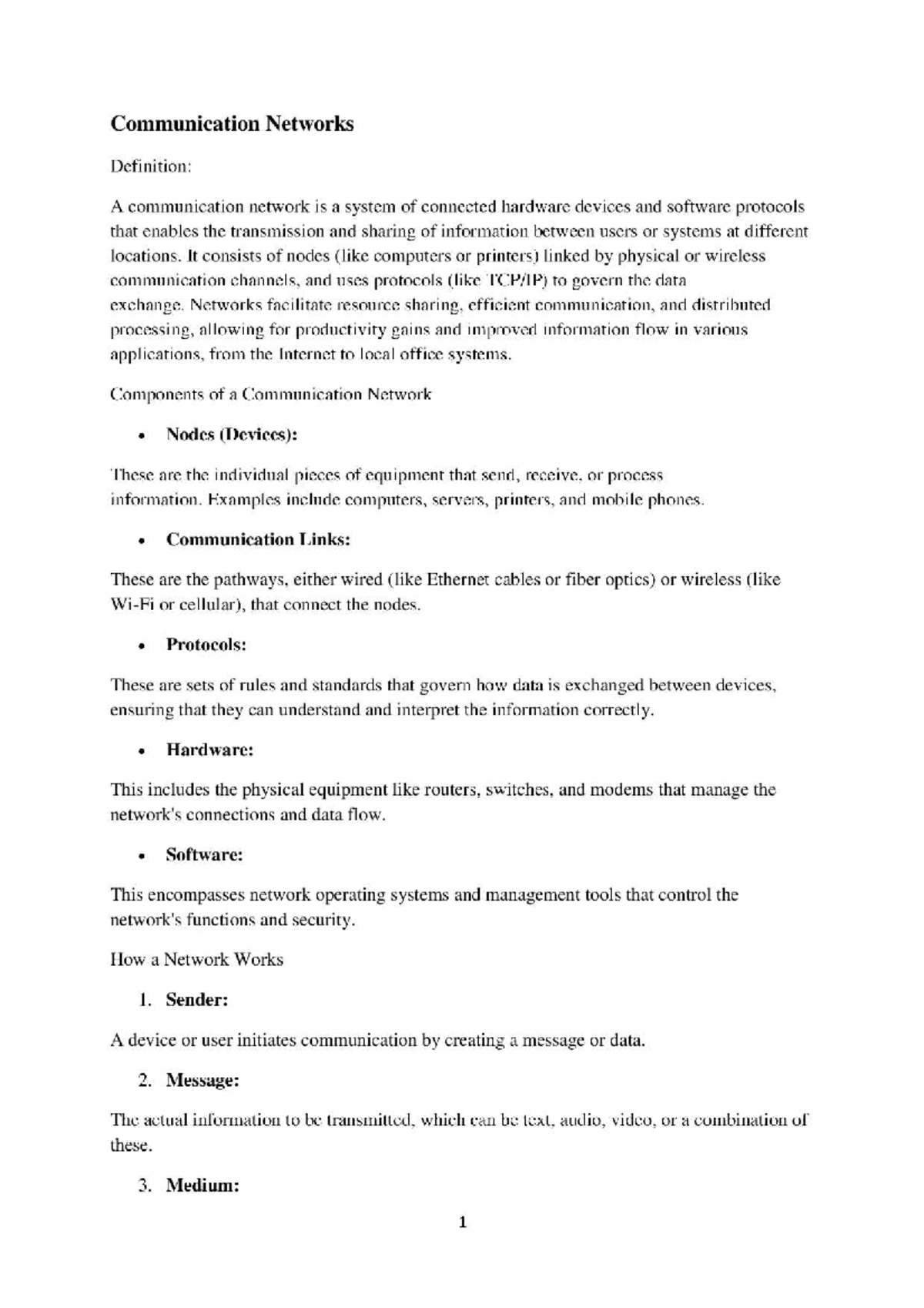 Communication Networks Overview: Key Components and Functions (TP 2 ...