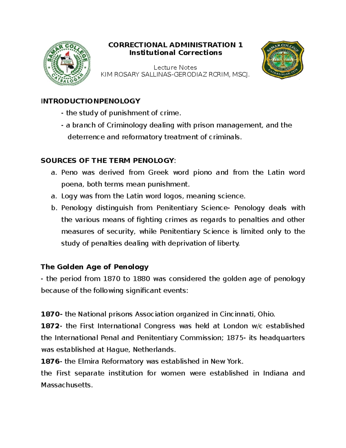 CA1 Lecture Notes - Overview of Penology and Criminal Justice - Studocu