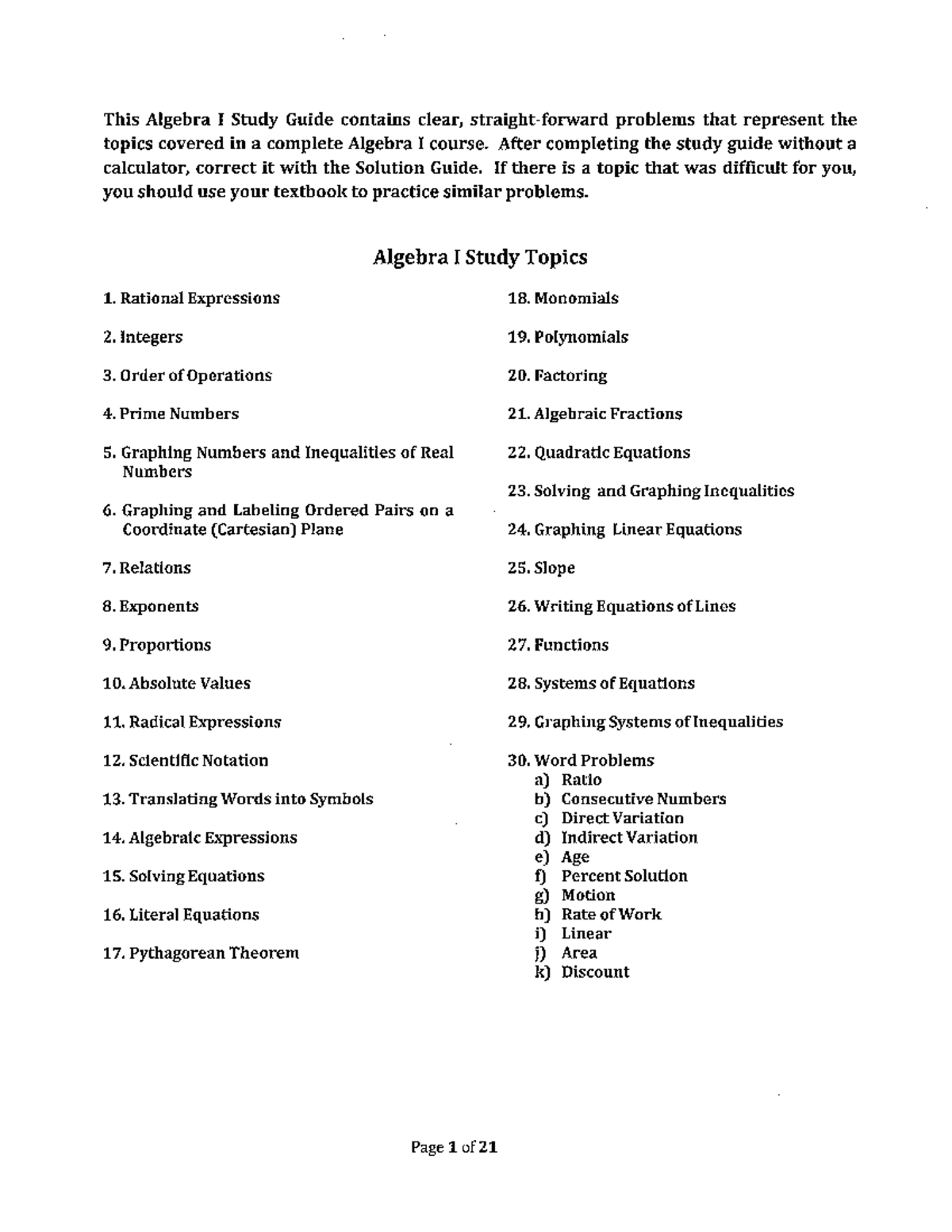 Algebra Study Guide Answers - This Algebra I Study Guide contains clear ...
