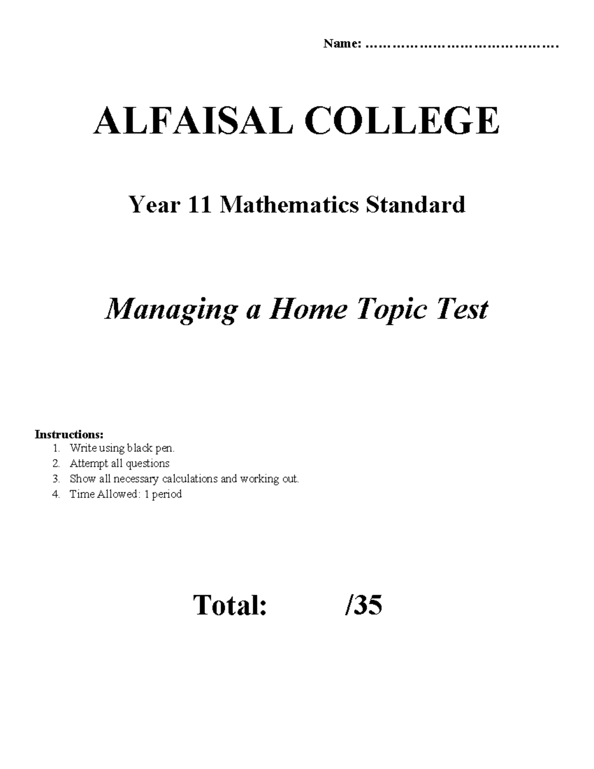 Managing a home topic test - Name ...
