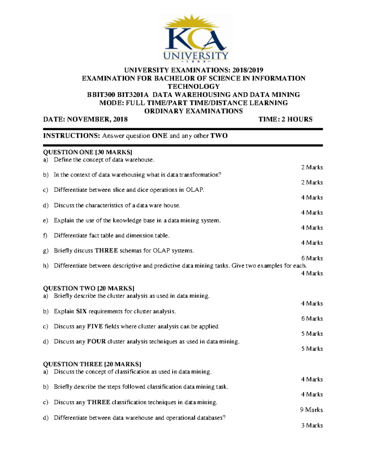BBIT300 BIT3201A Final Examination: Data Warehousing & Mining 2018 - Document Preview