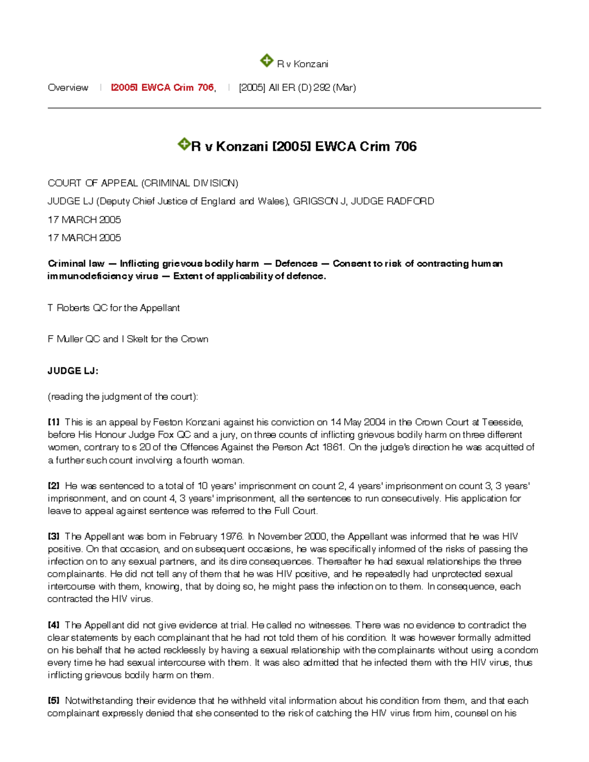 R v Konzani [2005] EWCA Crim 706: Court of Appeal Judgment Analysis ...