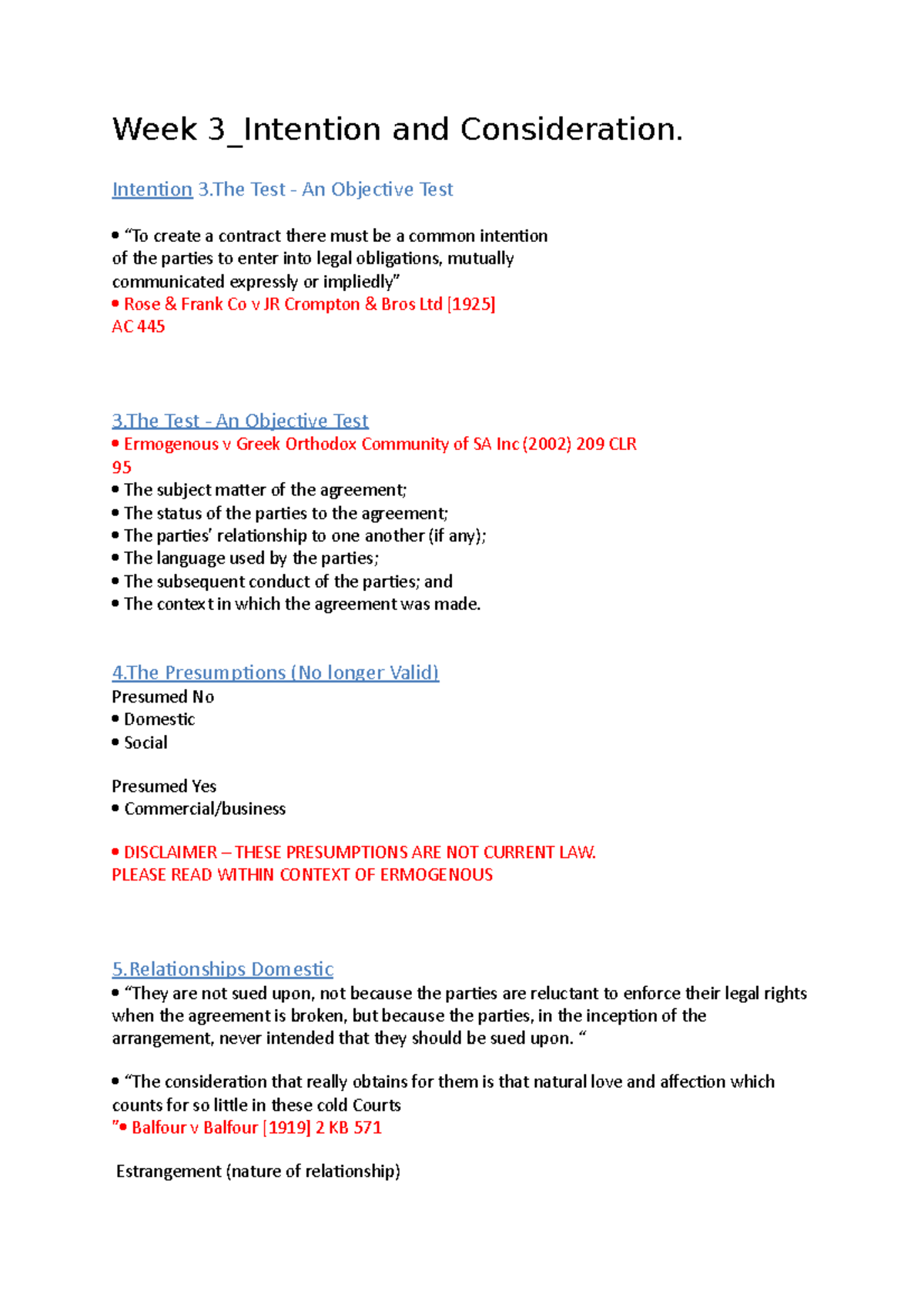 Week 3 Notes Contract Law - Week 3_Intention and Consideration ...