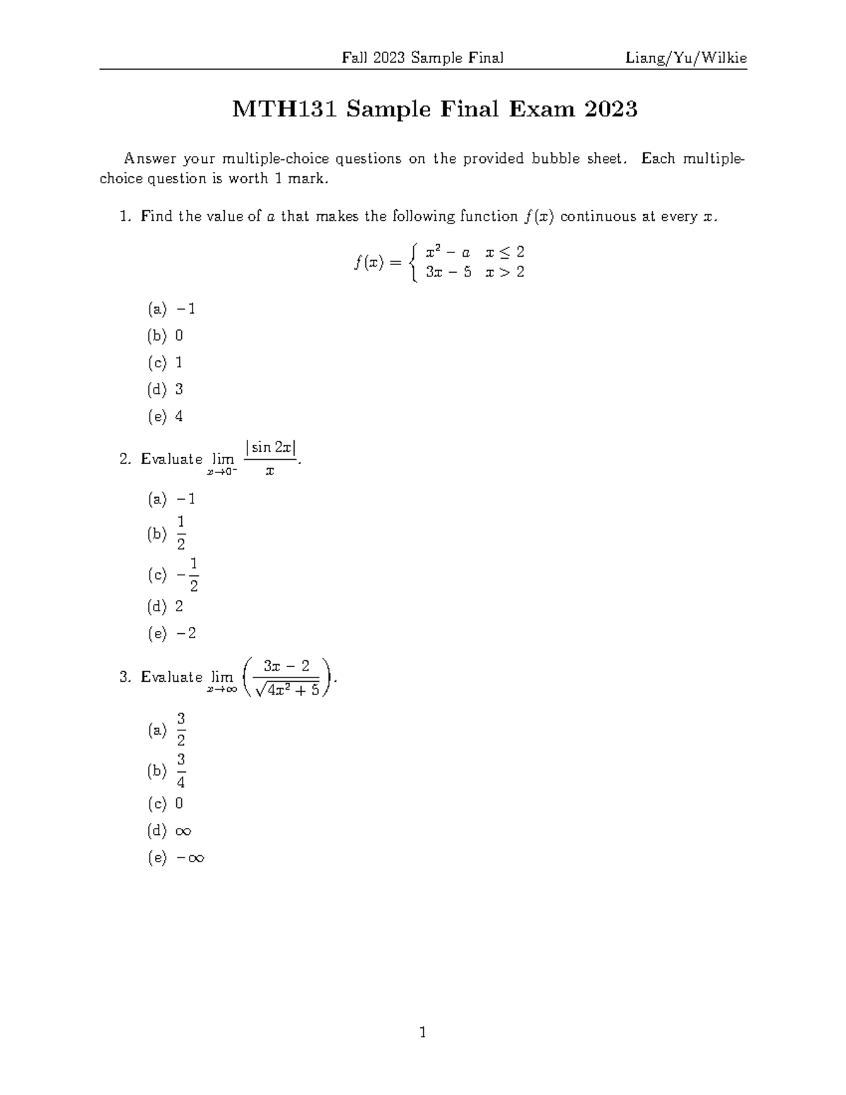 MTH131 F23 Sample Final Exam Questions and Solutions - Studocu