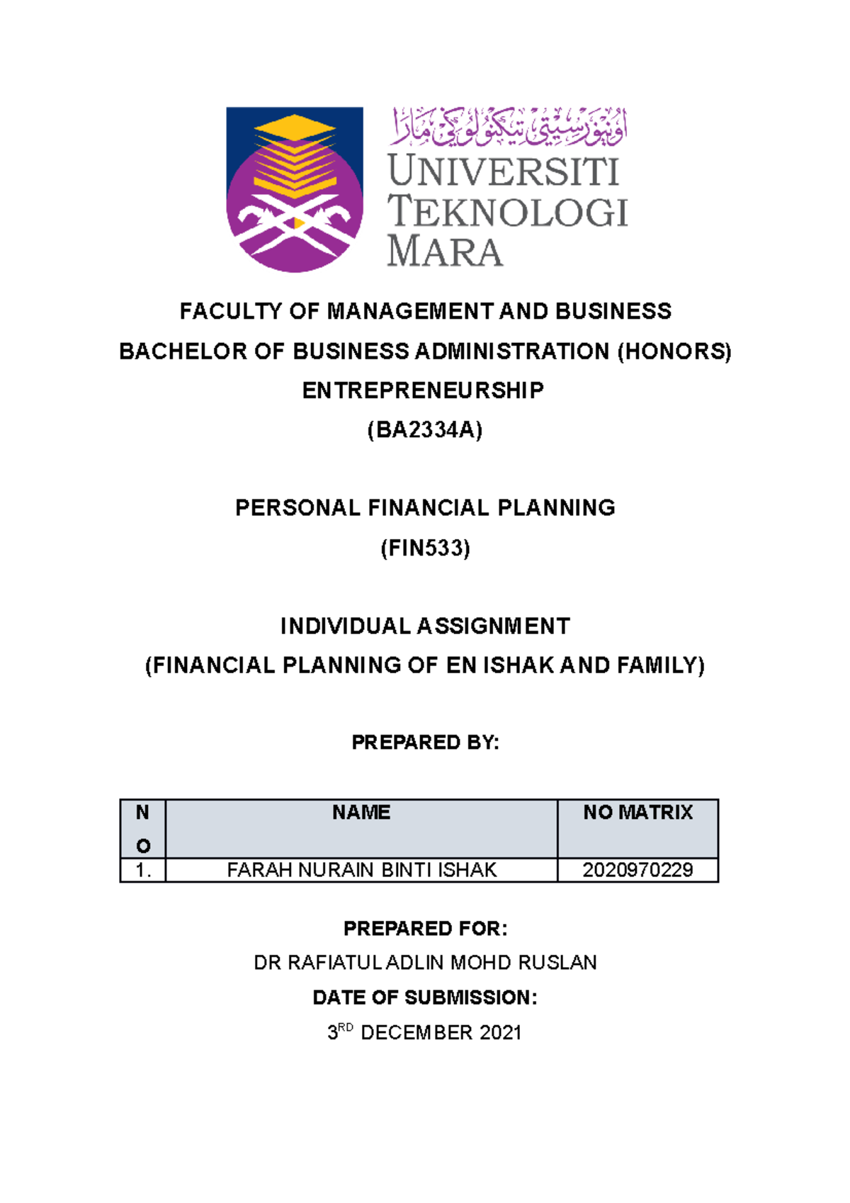 Assignment for Personal Financial Planning of Encik Ishak (FIN533 ...