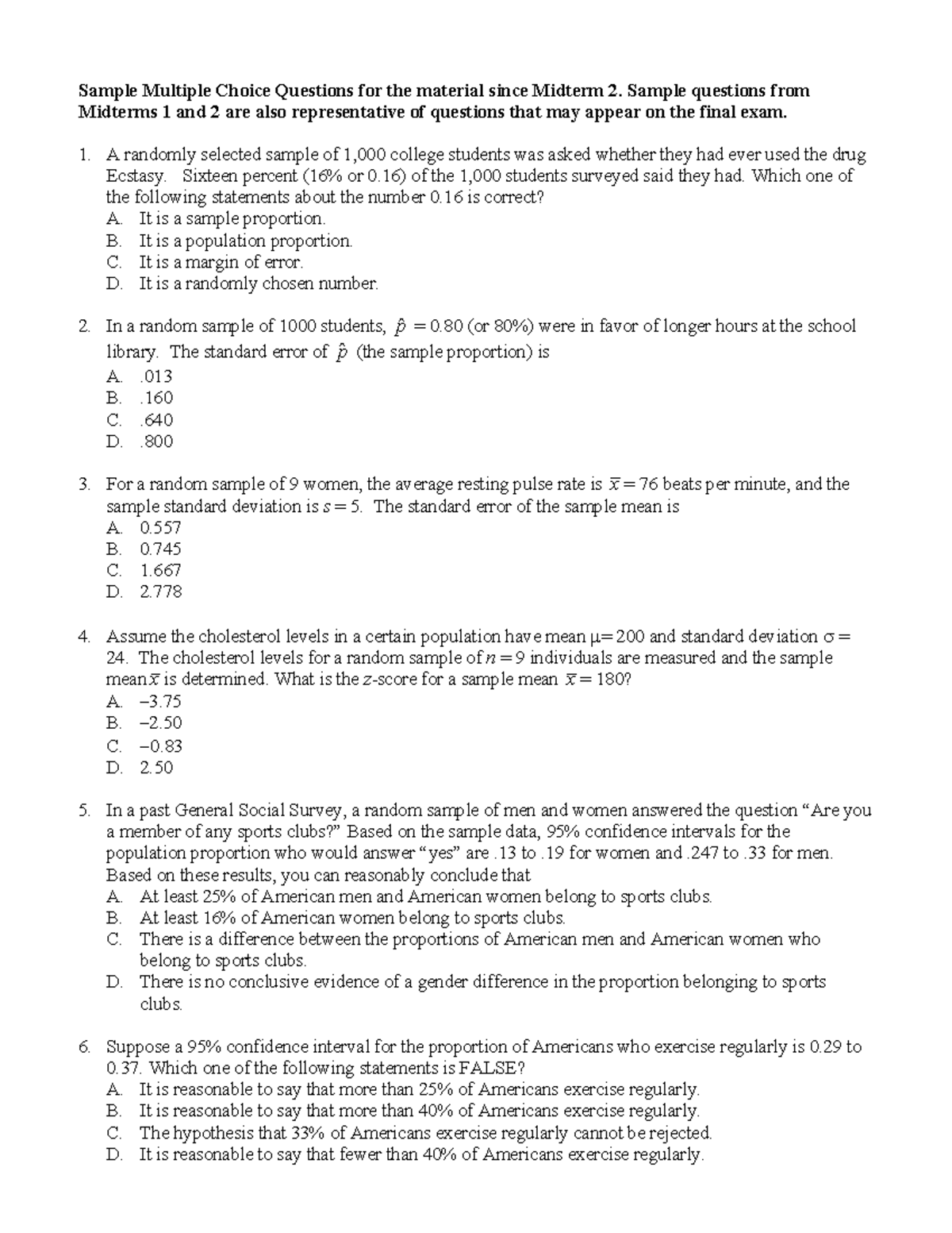 Sample MCQs on Research Methods for Midterm 2 and Final Exam - Studocu