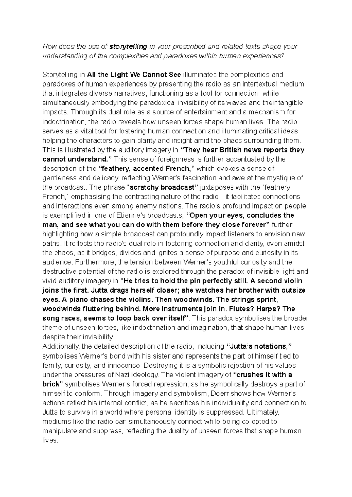 ENG 101: Essay on Storytelling and Human Experience in "All the Light ...