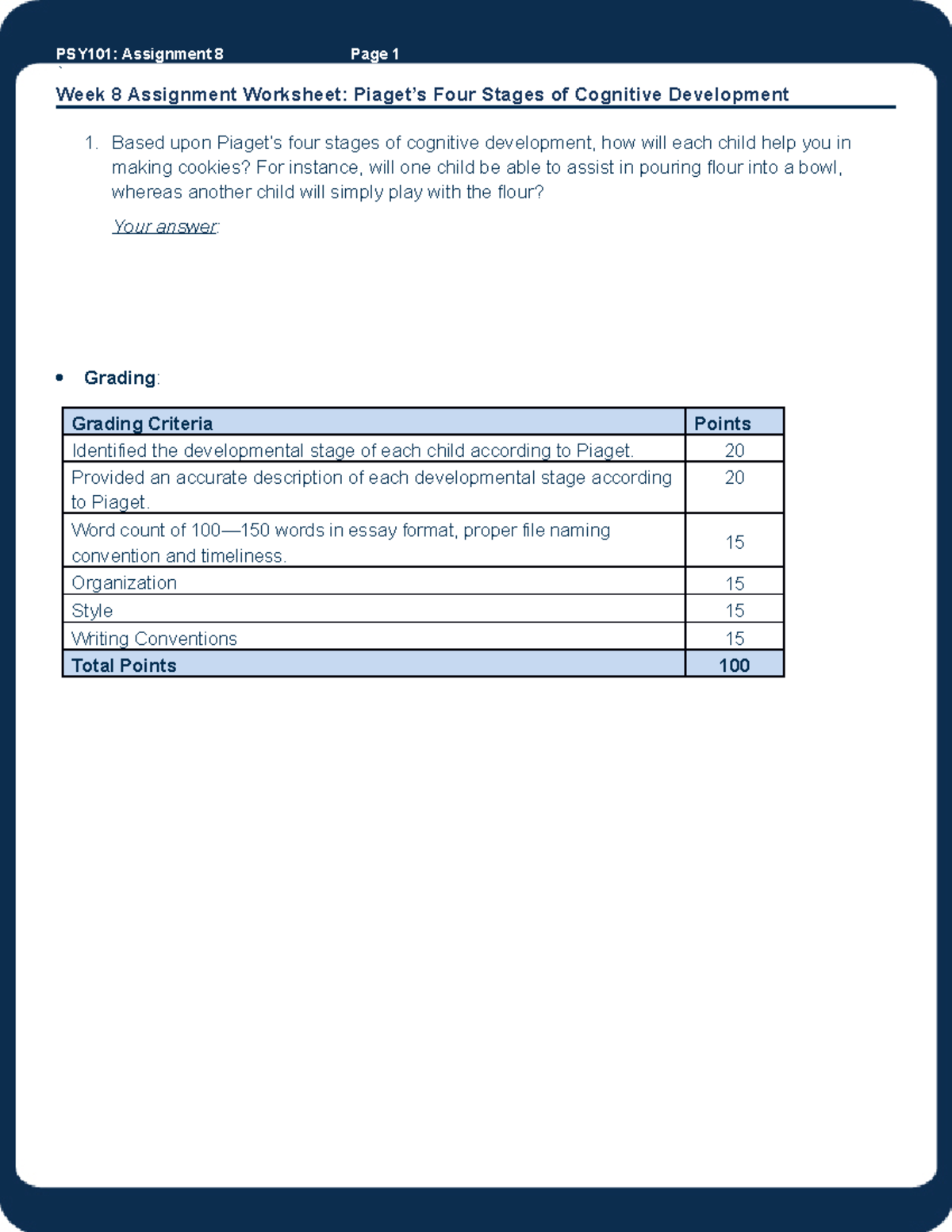 PSY101 Week 8 Assignment: Piaget's Stages of Cognitive Development ...