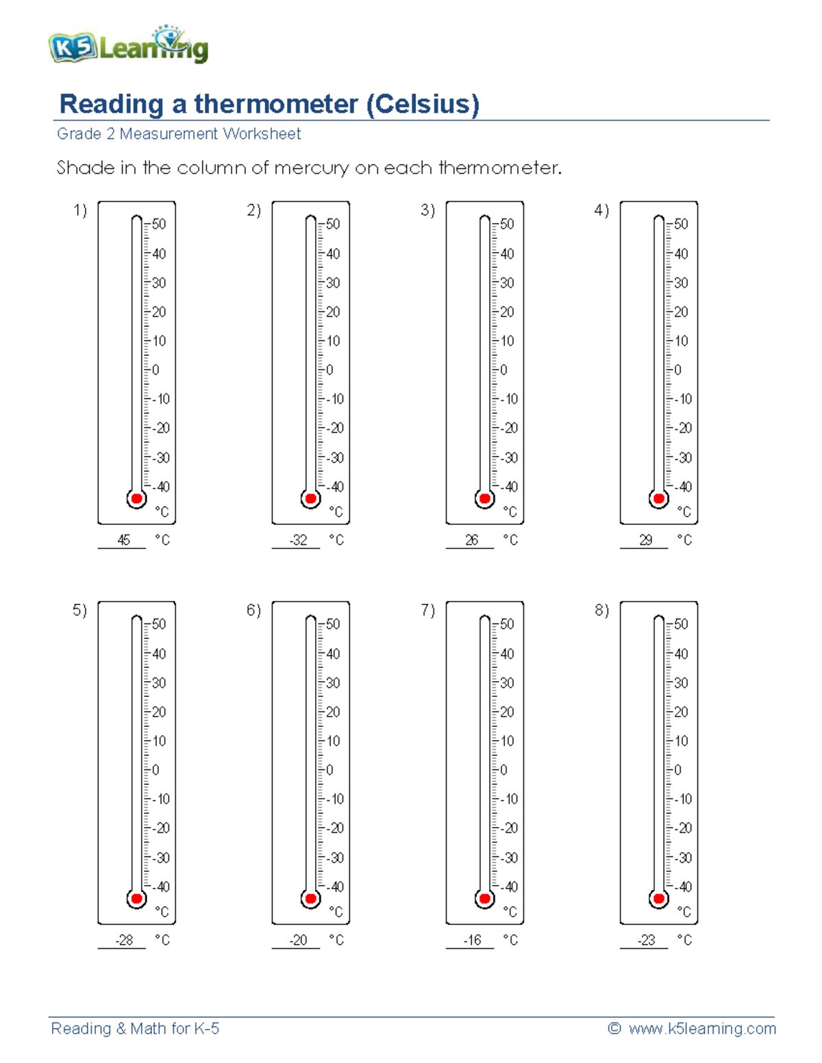 Grade 2 Measurement Worksheet: Reading a Thermometer (Celsius) - Studocu