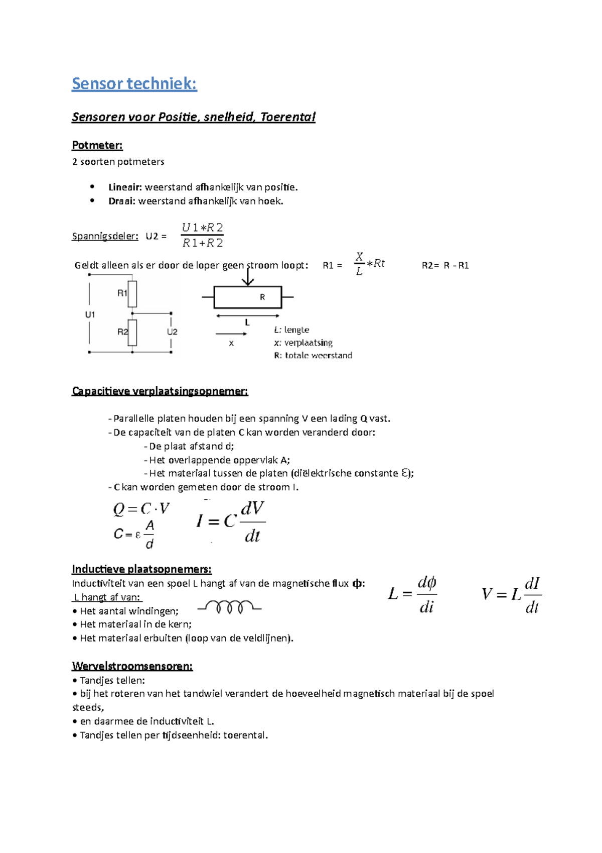 Sensor techniek: Samenvatting van Positie, Snelheid en Mechanische ...