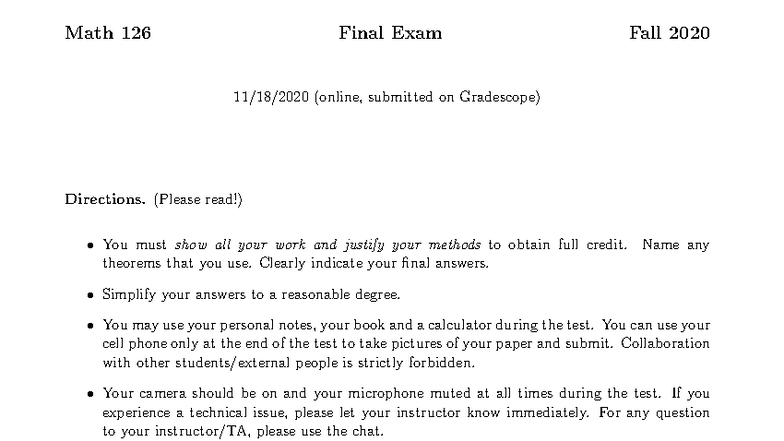 MATH 126 Final Exam Directions - Fall 2020 (Online) - Studocu
