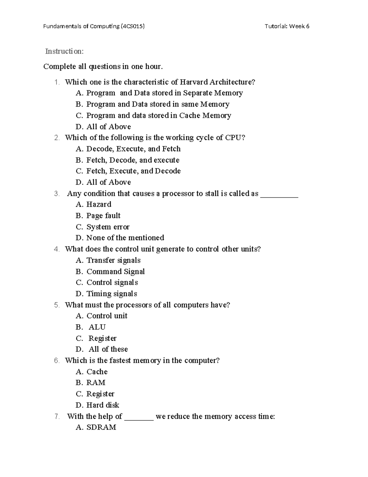 Fundamentals of Computing (4CS015) Tutorial: Week 6 Questions and ...