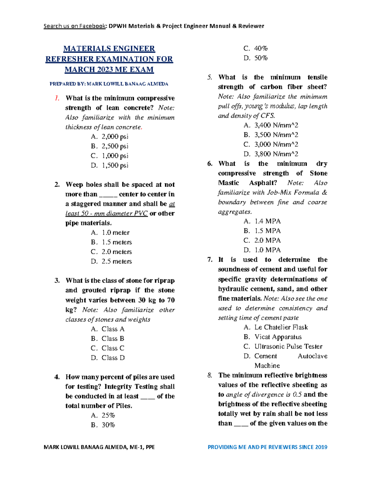 2023 ME Refresher Exam Questions & Answers: DPWH Materials Engineer ...