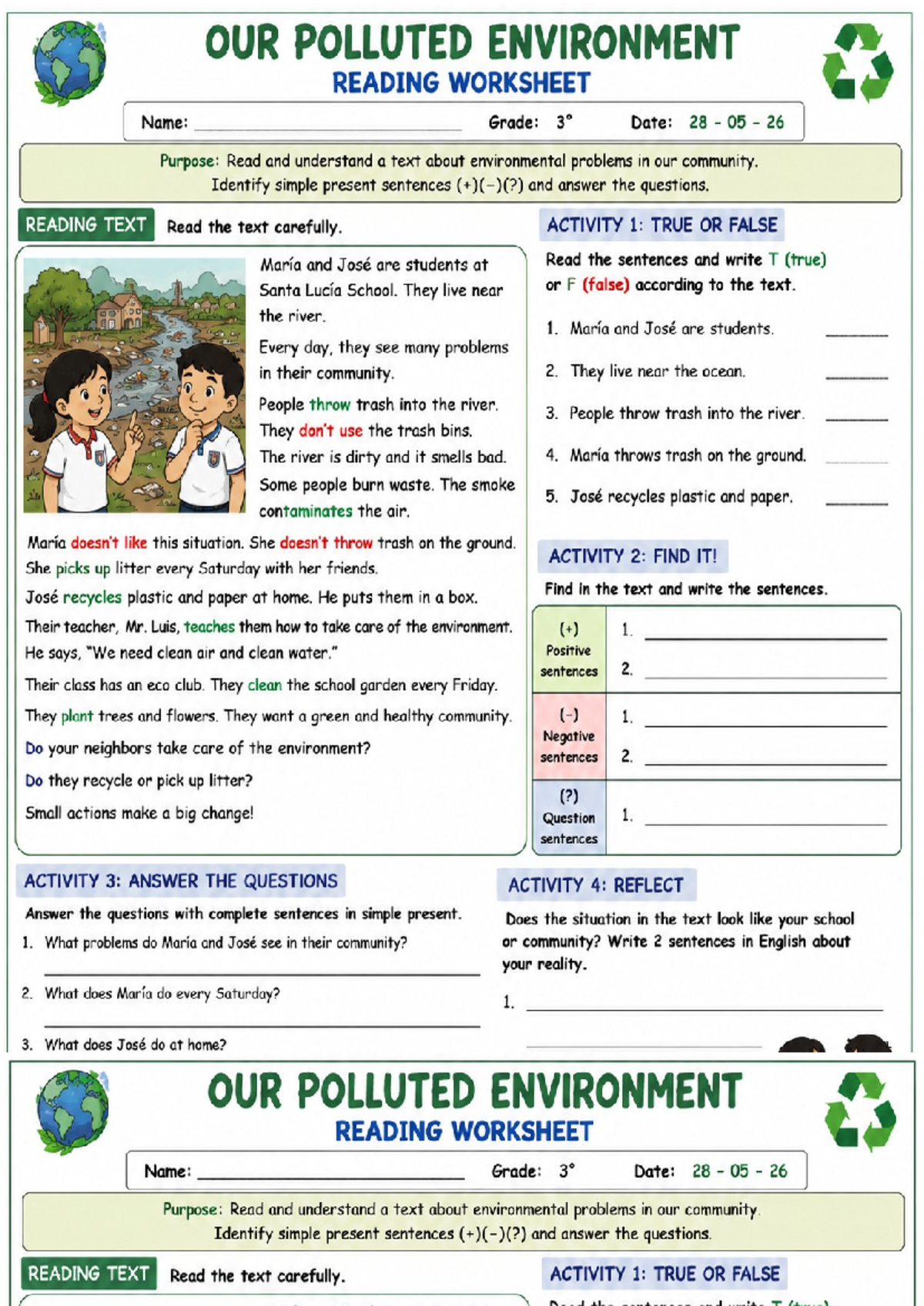 OUR POLLUTED ENVIRONMENT READING WORKSHEET - Ficha DE Trabajo Sesion 2 ...