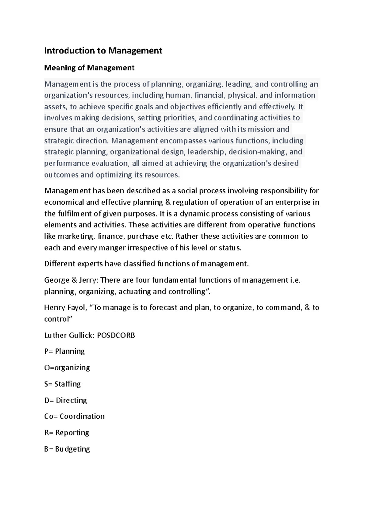 MPOB Unit 1: Introduction to Management Concepts and Functions - Studocu