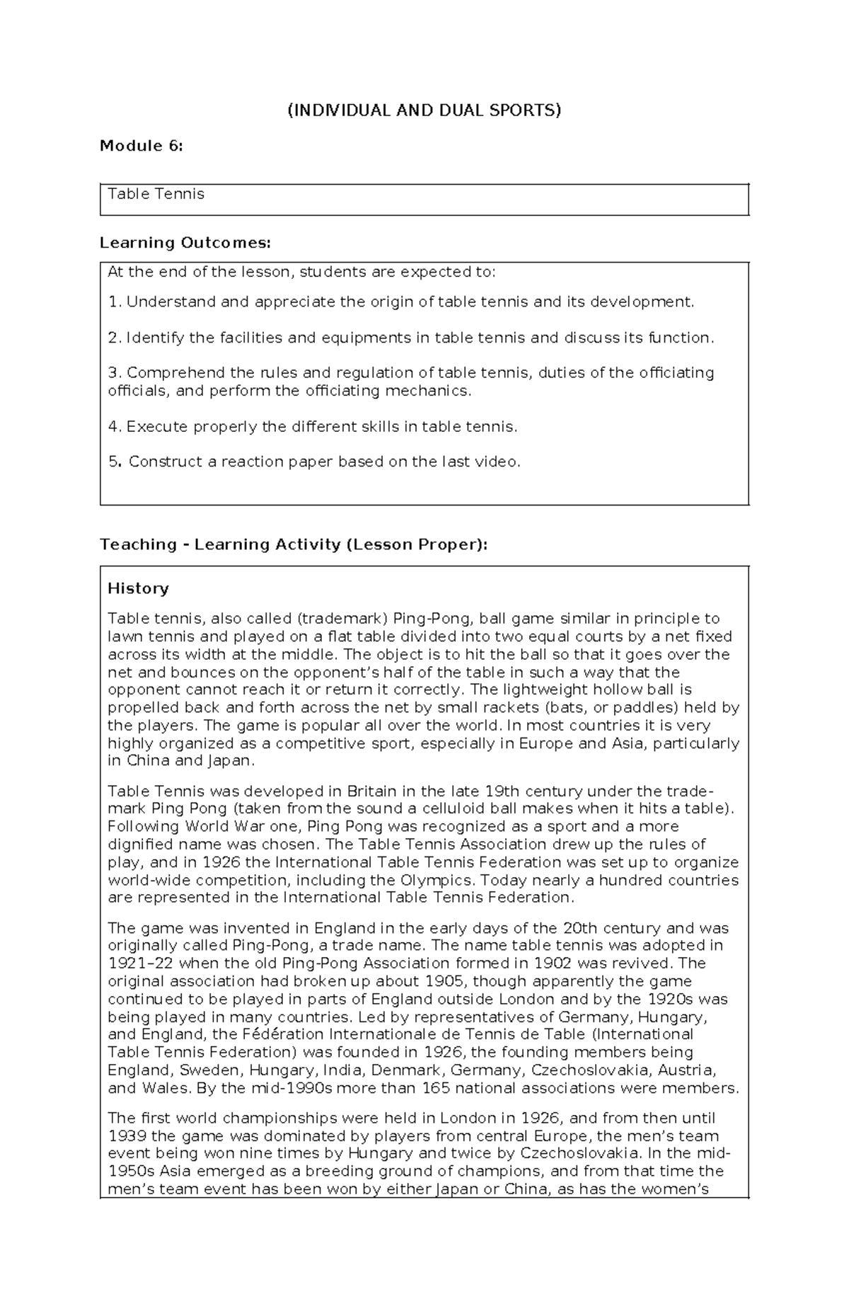 (INDIVIDUAL AND DUAL SPORTS) Module 6: Table Tennis Overview and ...