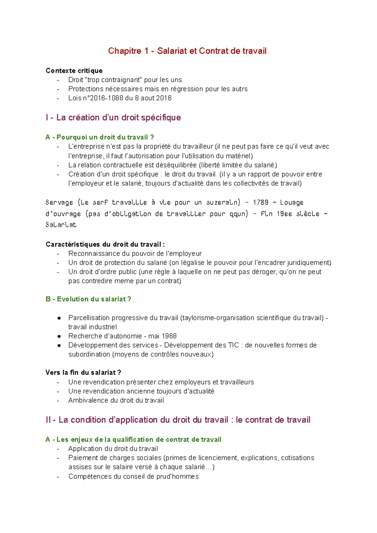 Cours de Droit du Travail : Concepts Fondamentaux et Évolutions - Studocu
