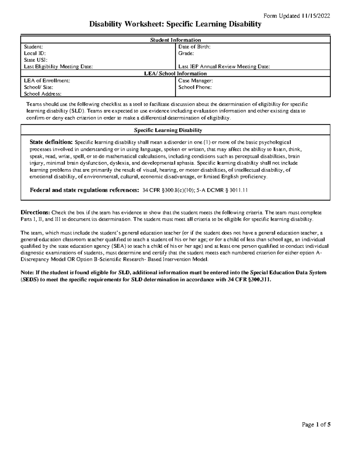 Disability Worksheet: SLD Eligibility Criteria & Checklist (Updated ...