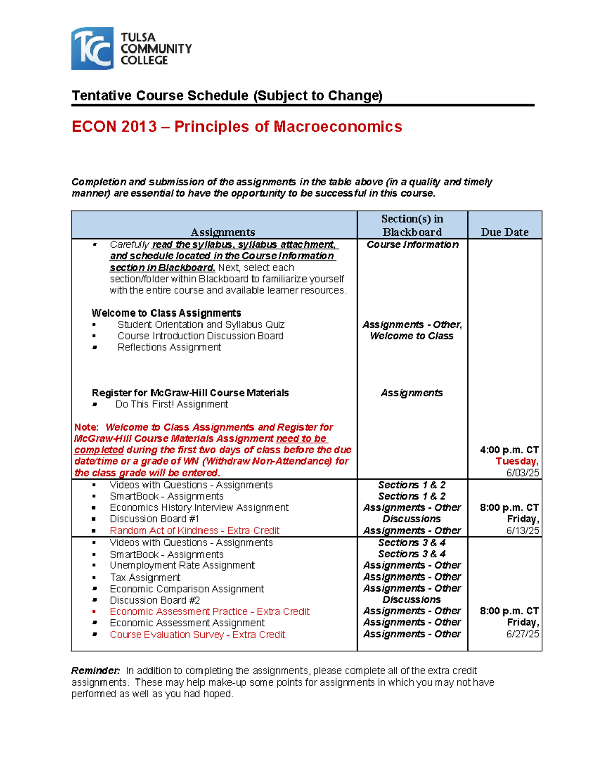 ECON 2013 Summer 2025 Tentative Course Schedule & Assignments - Studocu