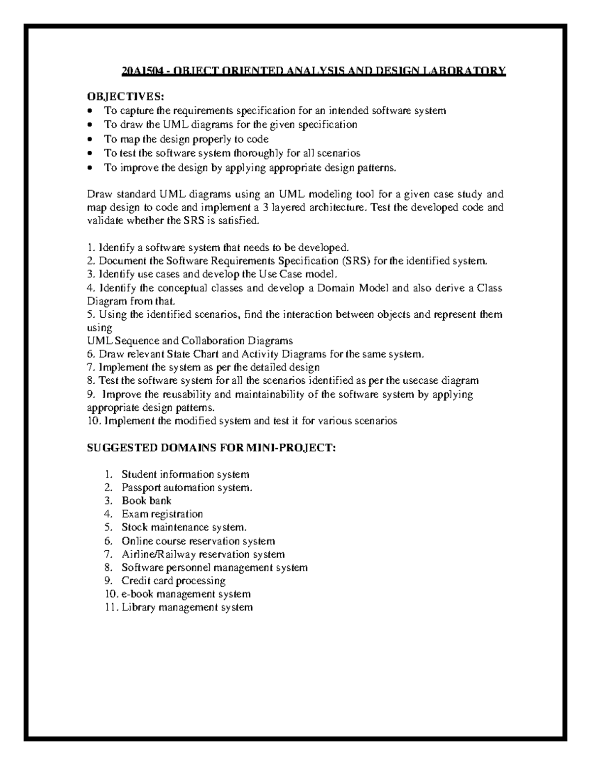 20AI504 - OOAD Lab Manual: UML Diagrams & Project Implementation - Studocu