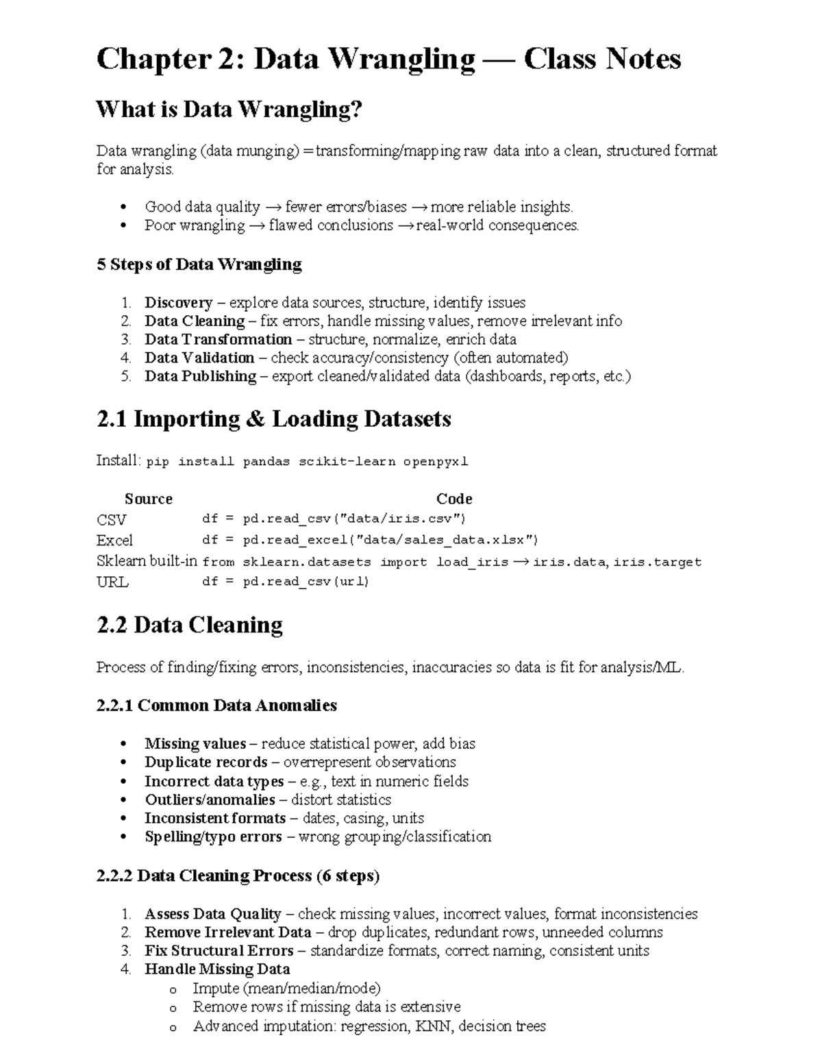 Chapter 2: Data Wrangling Class Notes and Techniques - Studocu