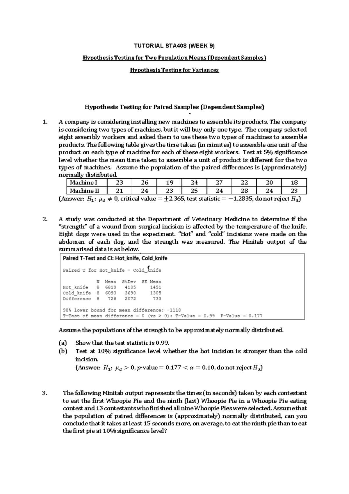 Hypothesis testing for two population means and variances (STA408 ...