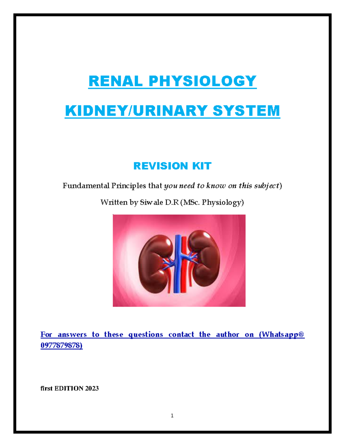 Renal Physiology Revision Kit: Key Concepts & Questions (2023) - Studocu