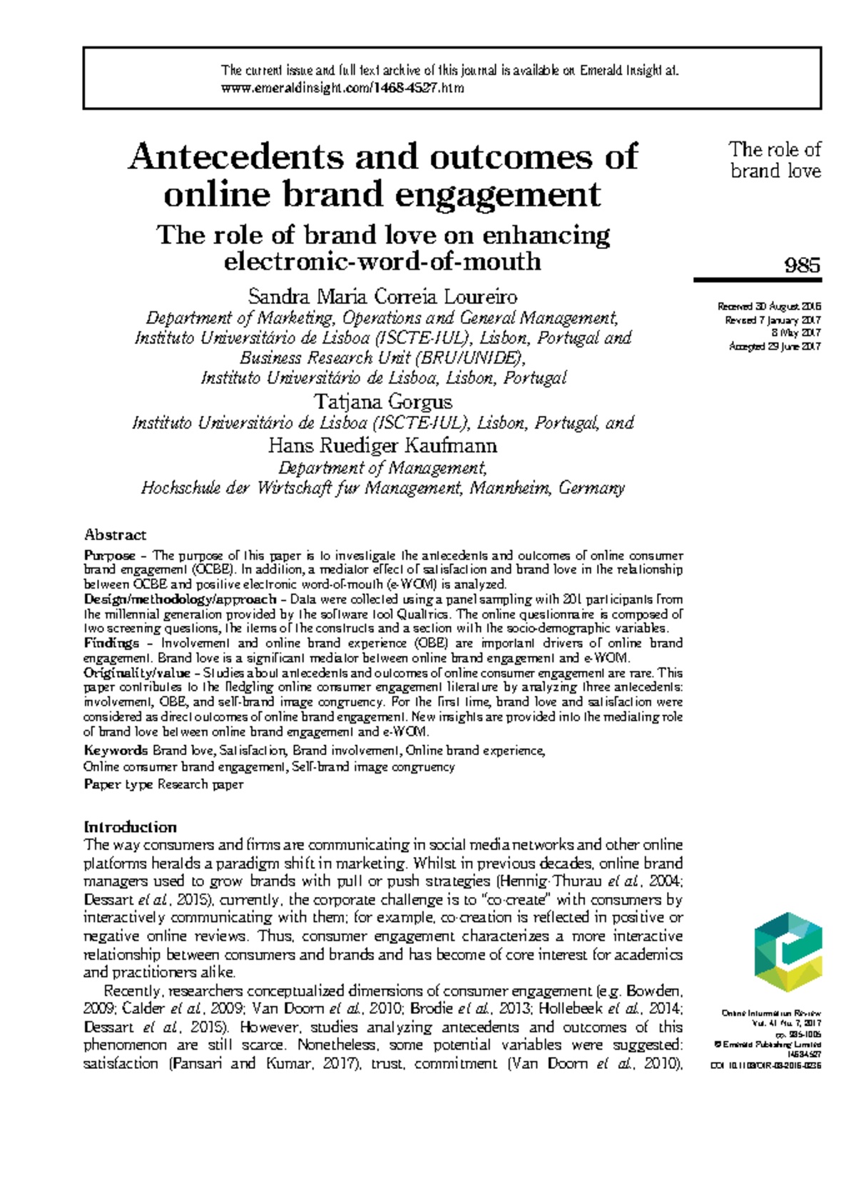 Brand love customer brand engagement - Antecedents and outcomes of ...