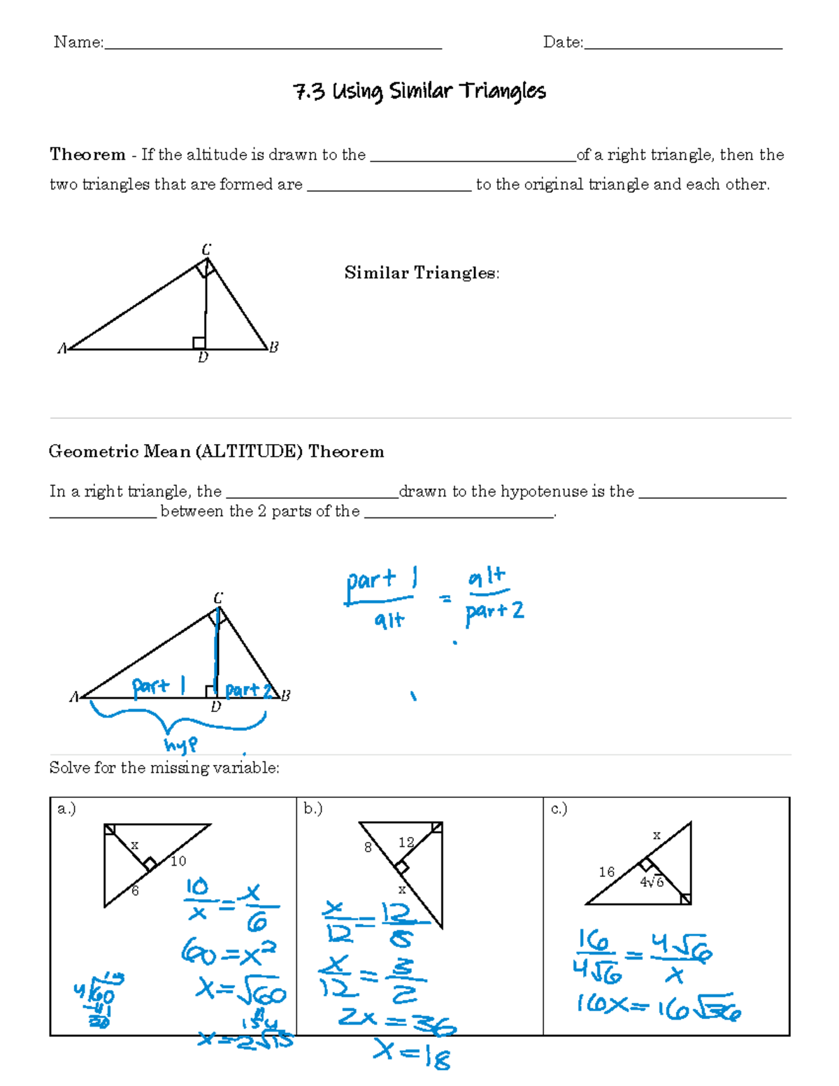 Geometry 7.3 Practice: Similar Triangles Theorem Key - Studocu