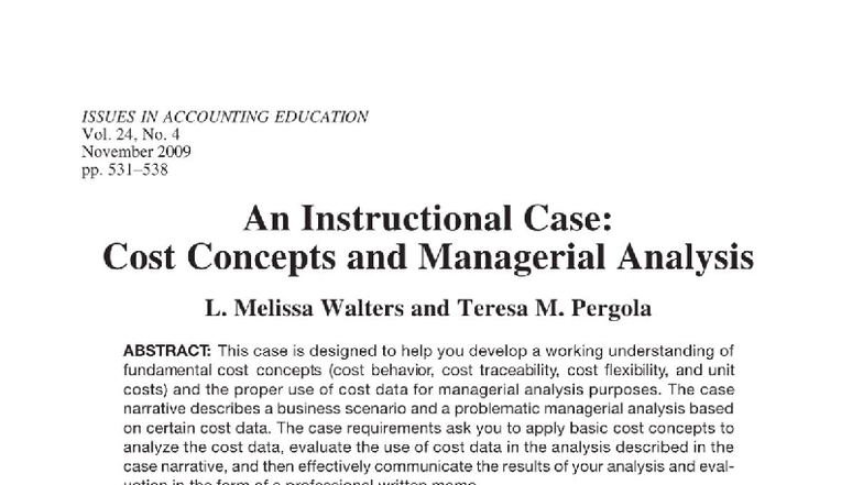 An Instructional Case Study: Cost Concepts & Managerial Analysis - Studocu