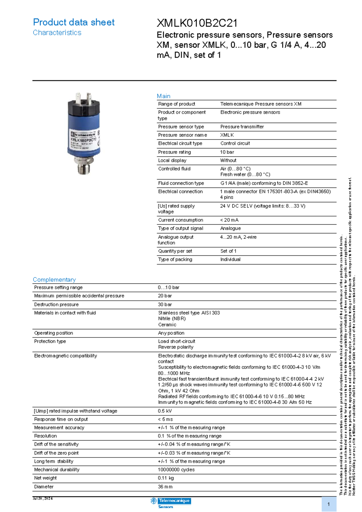 XMLK010B2C21 Product Data Sheet for Electronic Pressure Sensors - Studocu