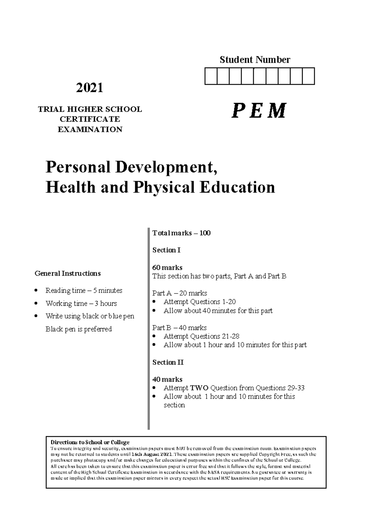 PEM 2021 Pdhpe Trial HSC Examination paper - 2021 TRIAL HIGHER SCHOOL ...