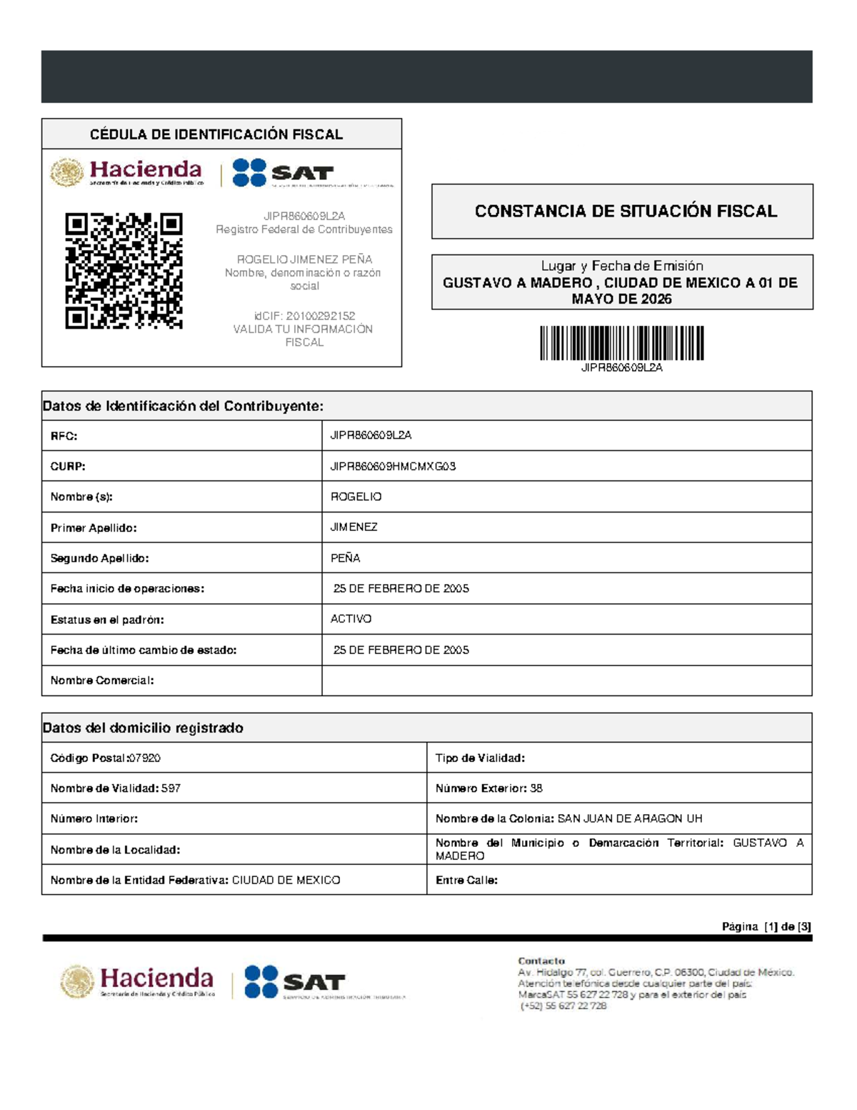 Cédula de Identificación Fiscal y Situación Fiscal JIPR860609L2A - Document Preview