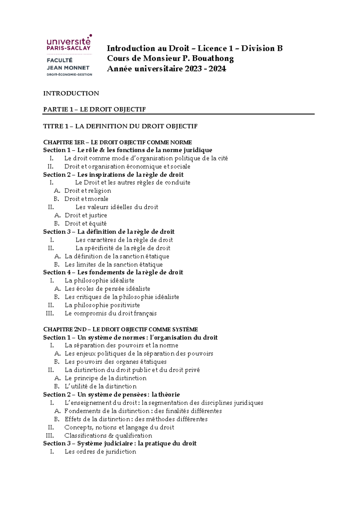 Plan de Cours - Introduction au Droit - Licence 1 - Div B - 2023-2024 ...