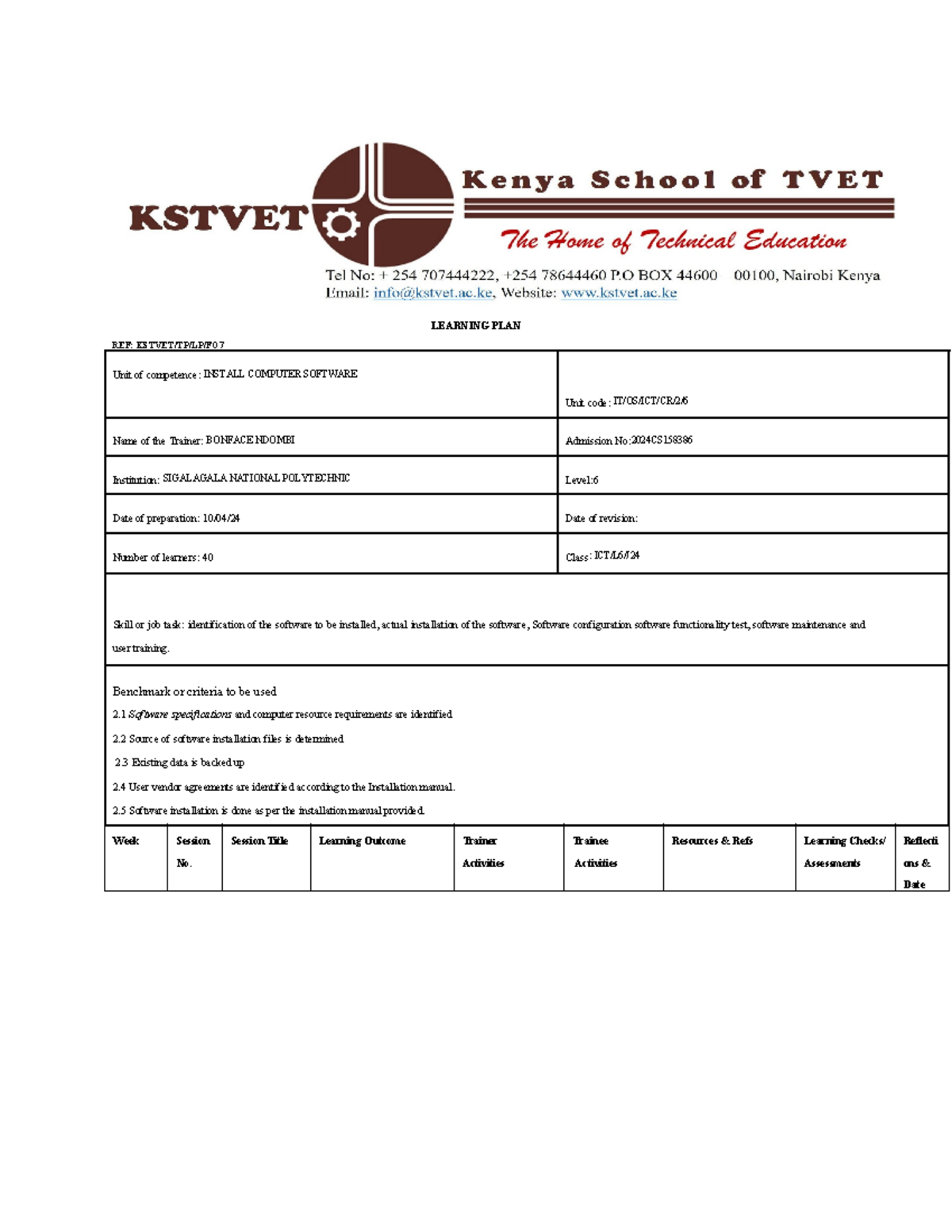 Learning Plan for IT/OS/ICT/CR/2: Install Computer Software - Studocu