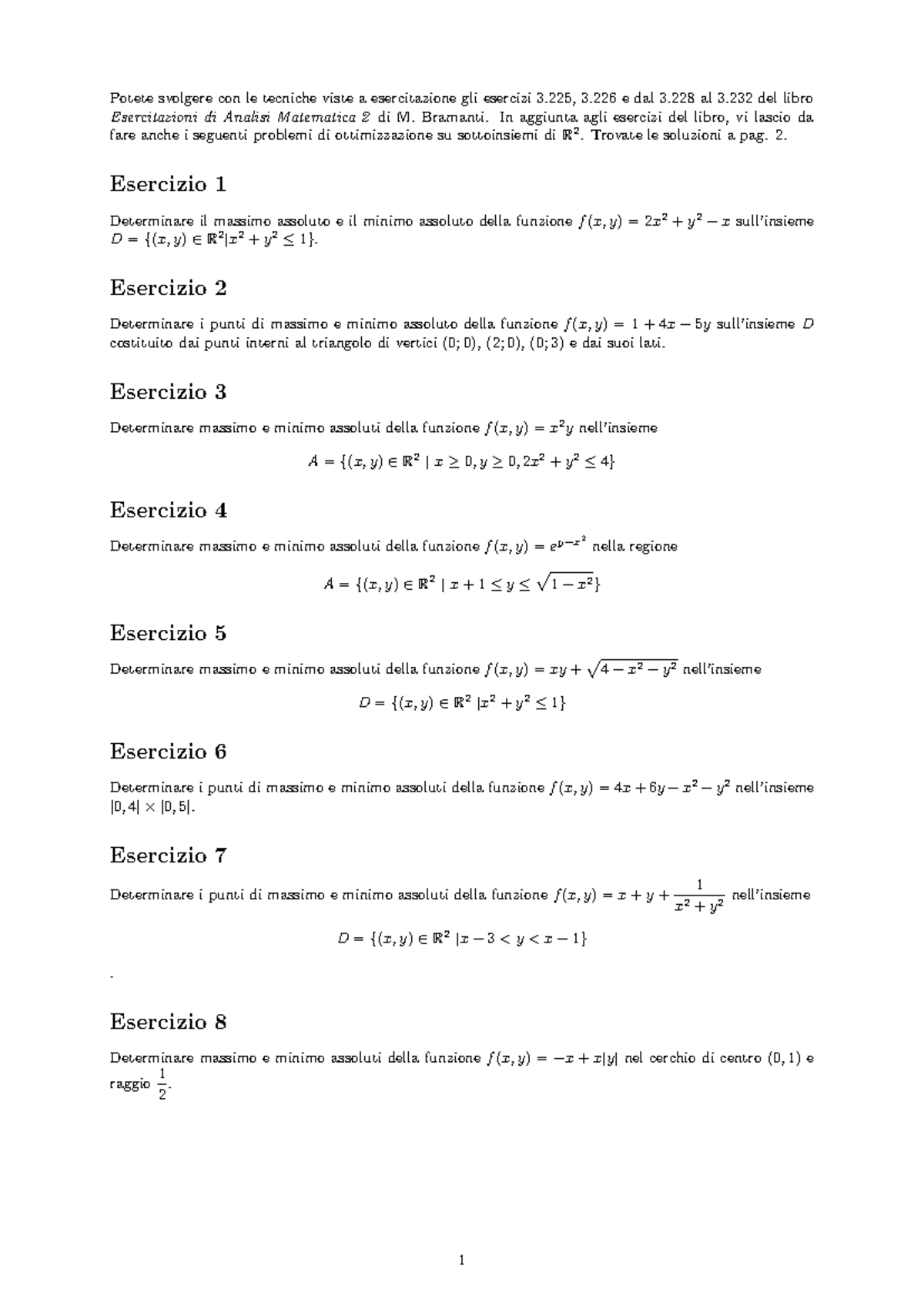 Esercizi di Ottimizzazione per Analisi Matematica 2: Soluzioni e Metodi ...