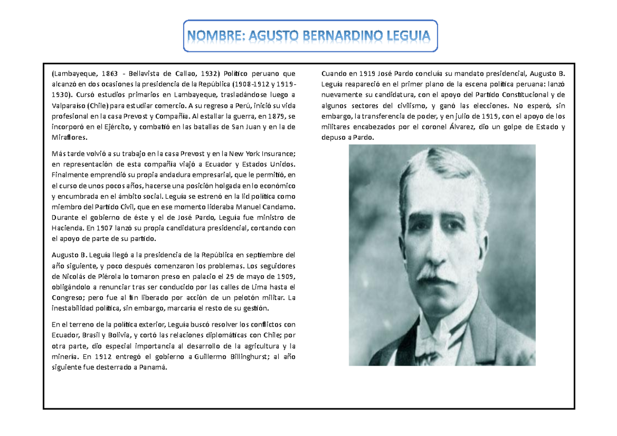 Biografía de Augusto B. Leguía: Político Peruano (1863-1932) - Studocu