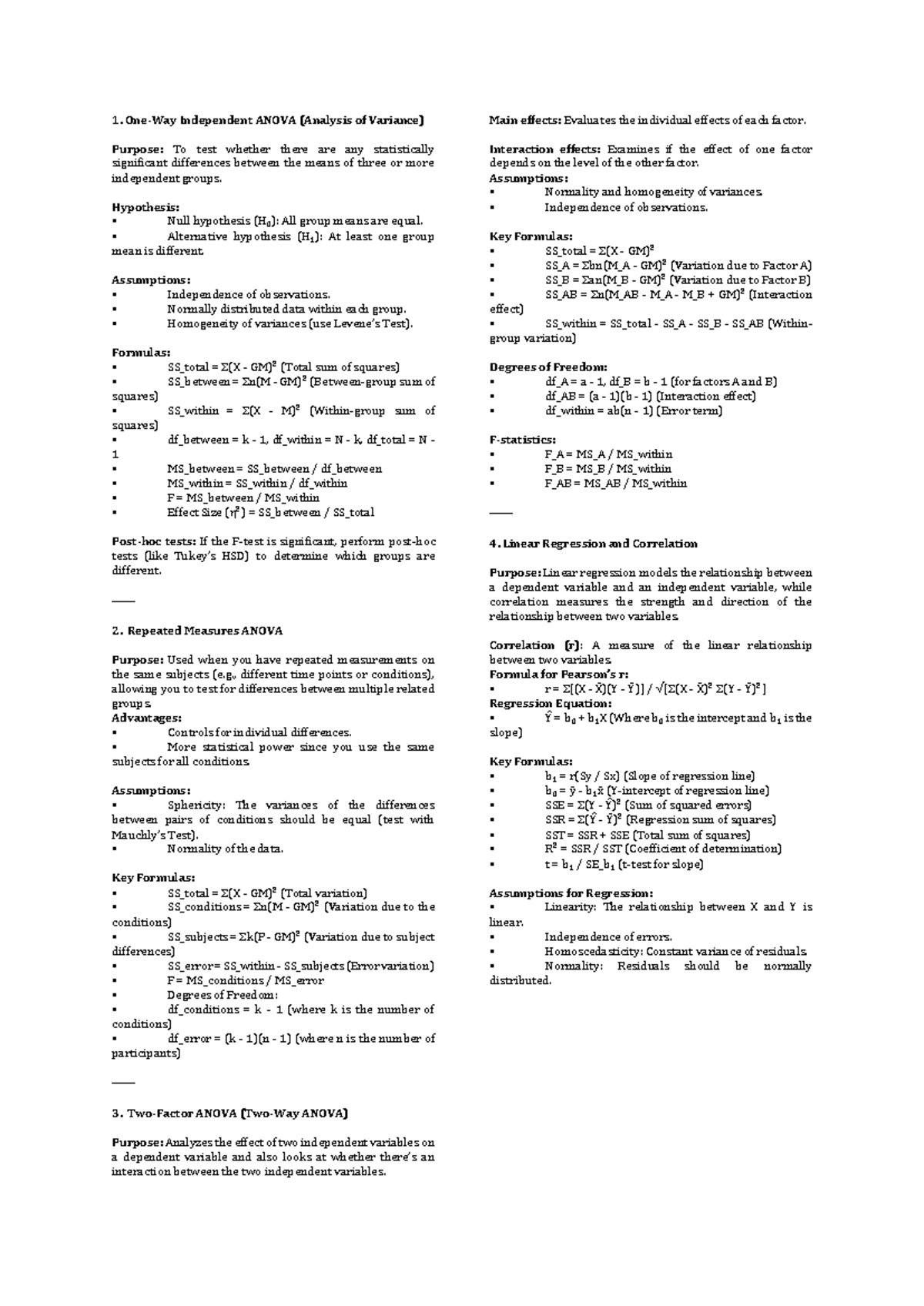 Neur2002 Final Exam Cheat Sheet: ANOVA & Regression Analysis - Studocu