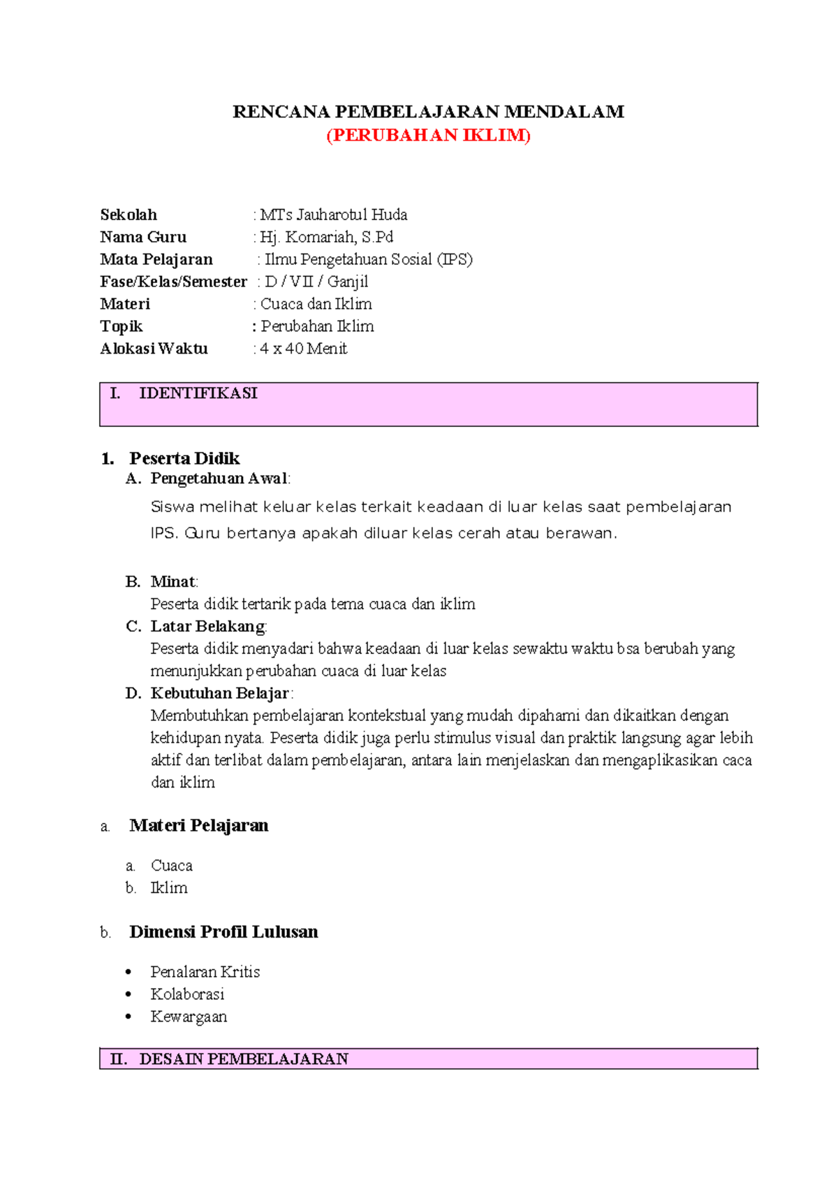 RPP IPS VII Ganjil: Perubahan Iklim dan Cuaca - Document Preview