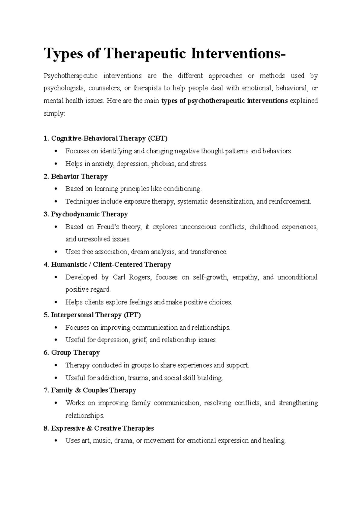 Types of Therapeutic Interventions: A Comprehensive Overview - Studocu