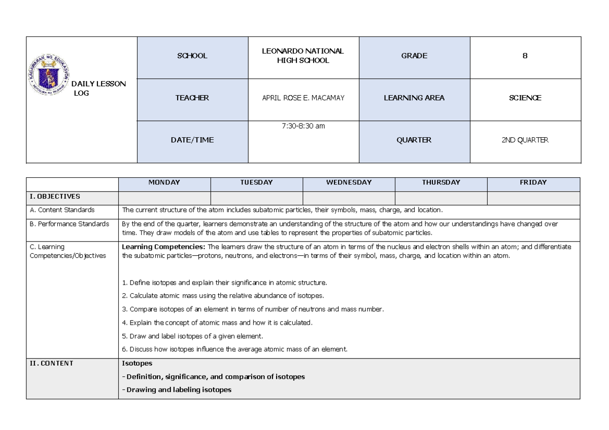 DLL Q2 S8 Wk3: Isotopes & Atomic Mass Lesson Plan - Studocu