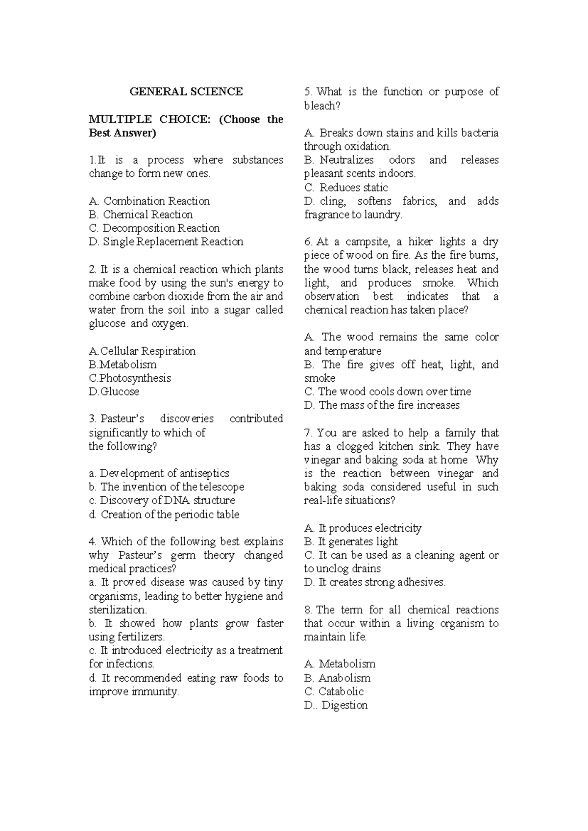 GENERAL SCIENCE MCQ: Key Concepts & Reactions - Studocu