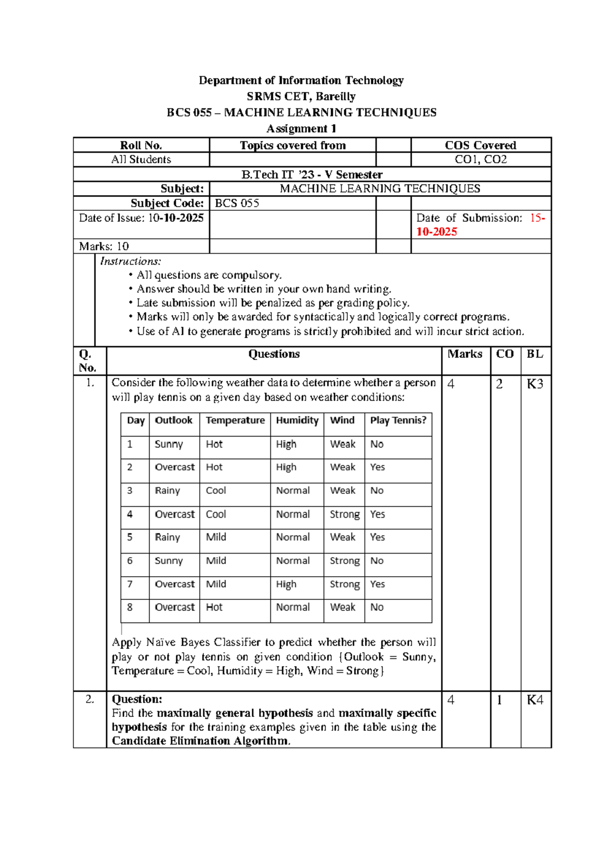 BCS 055 Machine Learning Techniques Assignment 1 - Weather Data ...